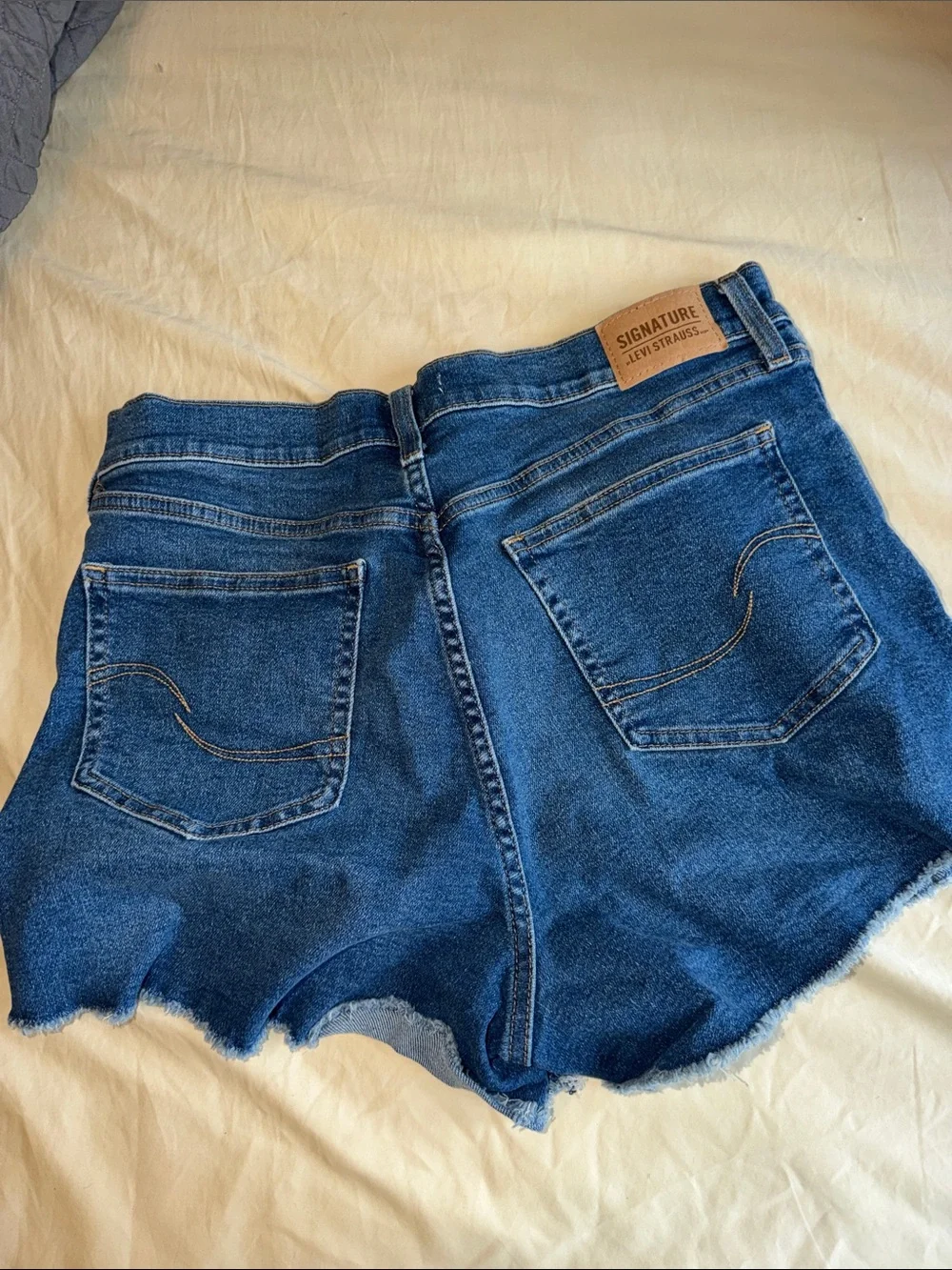 Dark Blue Denim Jean Shorts with Frayed Hem